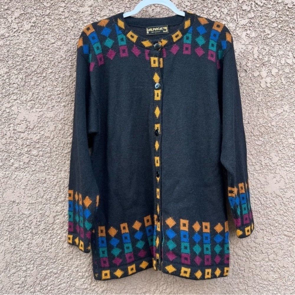 Womens Large 100% Alpaca Sweater Button Front Long Sleeve Retro Artsy Geometric